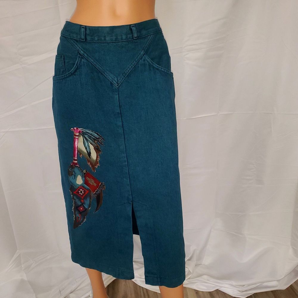 Vtg Sundance Denim Women's Blue Dyed Painted Southwest Applique Midi Skirt M